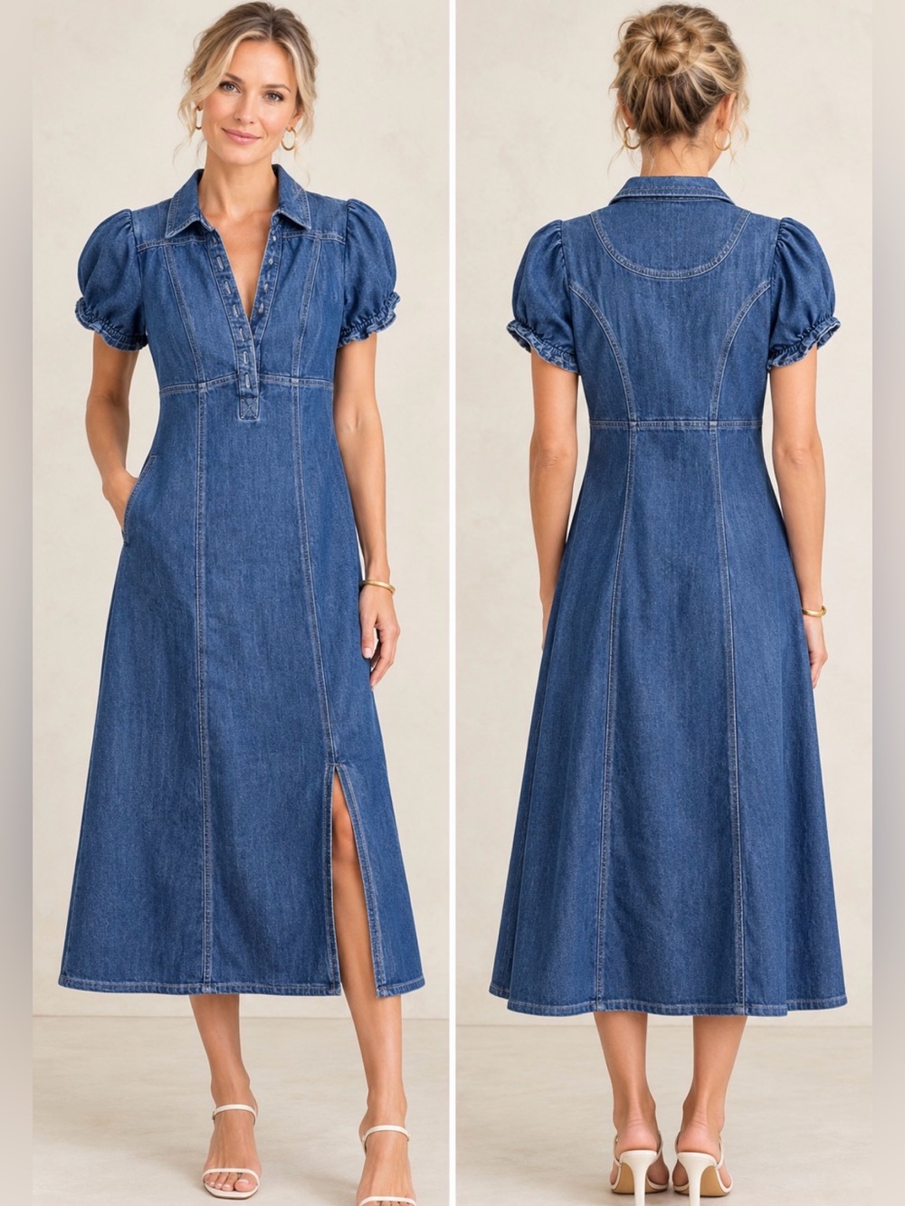 Pilcro Blue Denim Polo Midi Dress with Short Puff Sleeves